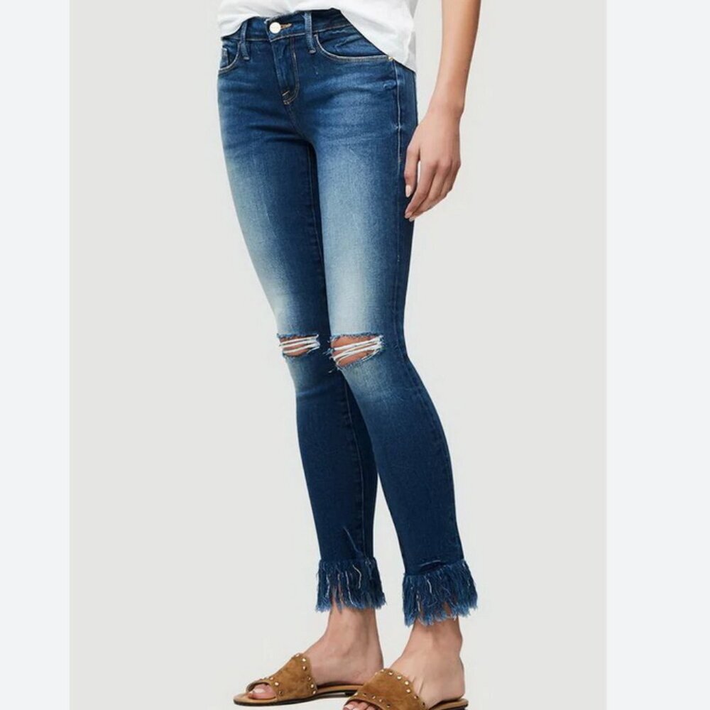 Frame Le Skinny De Jeanne Shredded Raw Hem Denim Jeans Distressed Stretch Sz 26